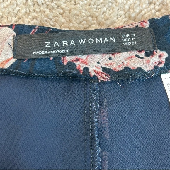 ZARA navy blue pink floral flower chiffon wide leg slit hem pants Sz M - Picture 8 of 14
